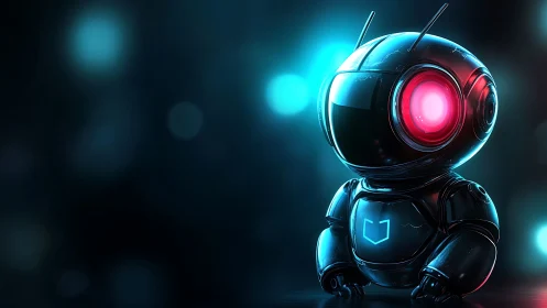 Futuristic chibi robot glows softly in neon cyber light