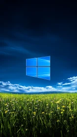 Windows-inspired logo hovering over vivid spring meadow.