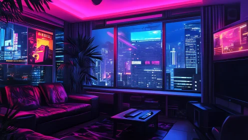 Cozy neon city apartment glowing with futuristic night lights.