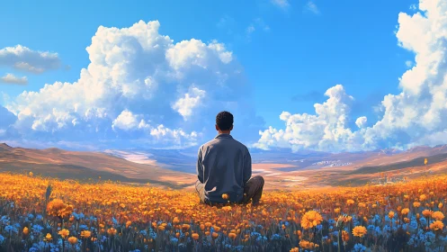 Solitary observer studies vast flower field under cumulus cloudscape