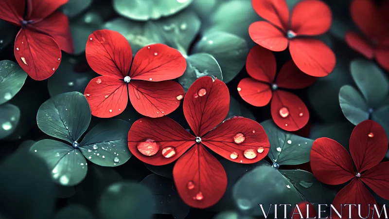 Crimson Petals Weep Dewdrops Over Jade Geometry.