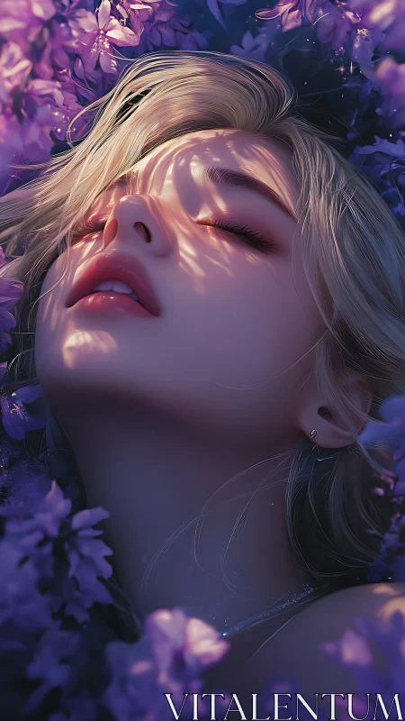 Digital portrait shows female face framed by purple flowers