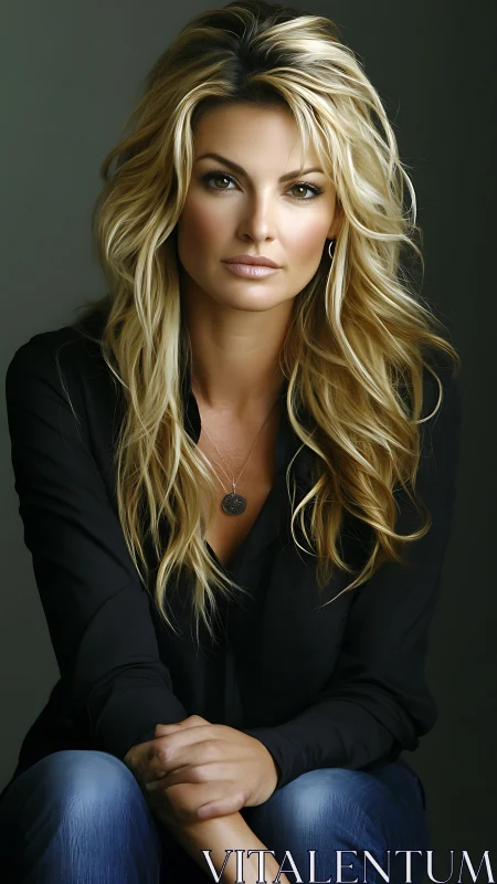 Portrait of blonde woman in soft studio lighting, seated confidently