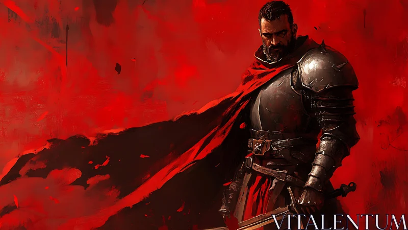 Battle-hardened knight stands in scarlet storm of war.