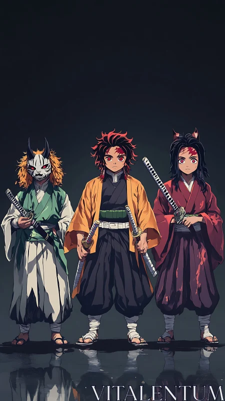 Three anime sword bearers stand in symmetric frontal composition