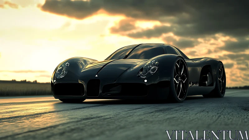 Stormlit midnight supercar prowls an endless open highway.