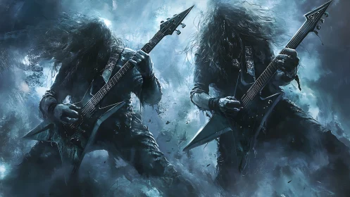 Storm-lit metal guitarists unleashing a thunderous duet.