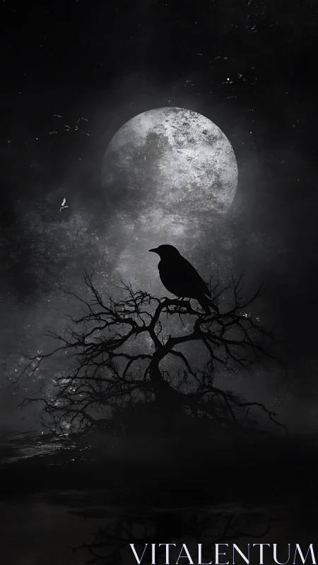 Backlit raven silhouette crowns gnarled tree before lunar disc