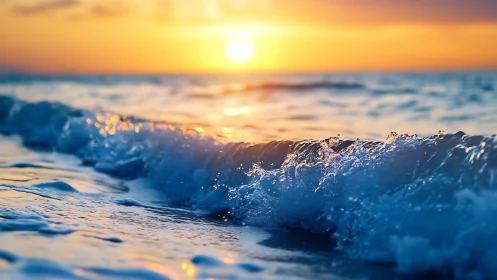 Sunlit shore waves rolling gently into evening calm.