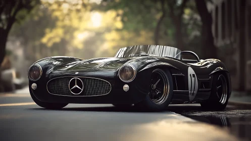 Black vintage Mercedes race car on sunlit city street.