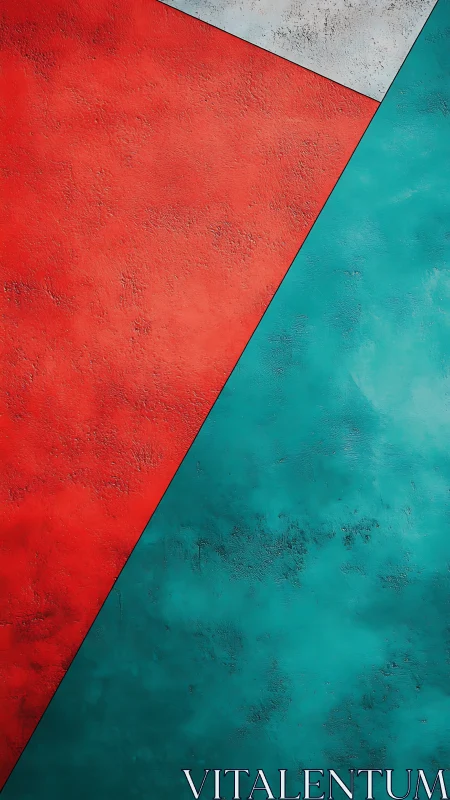 Diagonal teal and red textured geometric wall artwork.
