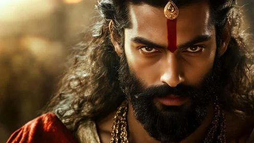 Intense warrior gaze framed by sacred tilak and gold adornment.