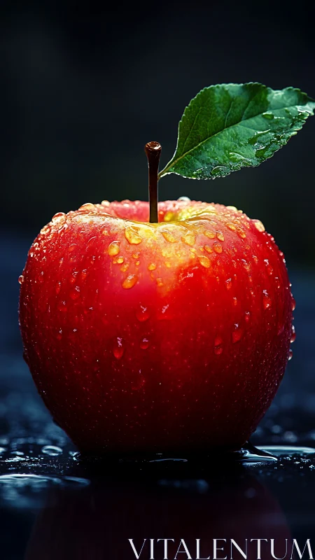 Macro close-up of dew-covered red apple with green leaf detail