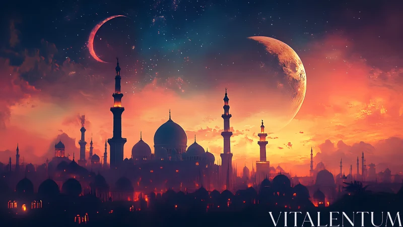 Celestial skyline over domed fantasy city at dusk.