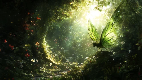 Luminous forest fairy with iridescent wings in chiaroscuro frame.