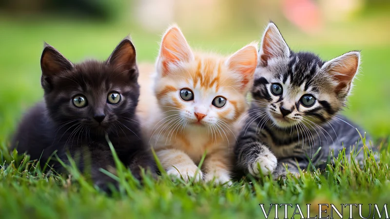 Three Alert Kittens Positioned on Vibrant Green Lawn Display.