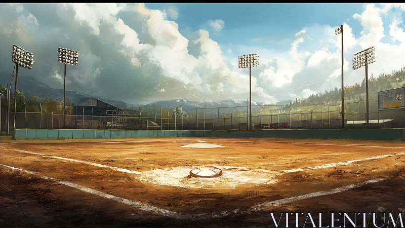 Sunlit ballpark diamond waits beneath towering stormclouds.