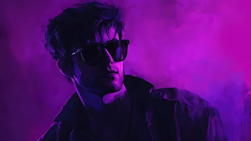 Man in sunglasses stands in purple neon cinematic lighting
