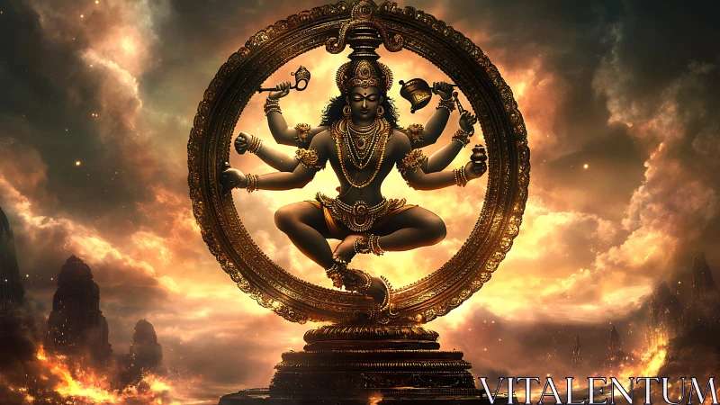 Divine multi-armed deity dances in a blazing cosmic ring