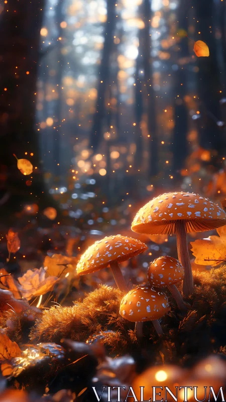 Enchanted orange mushrooms glow softly in a twilight forest