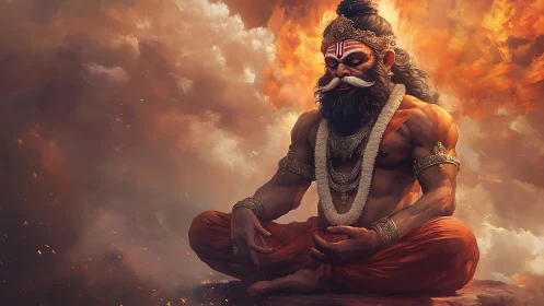 Mythic ascetic figure meditating against fiery cloudscape.
