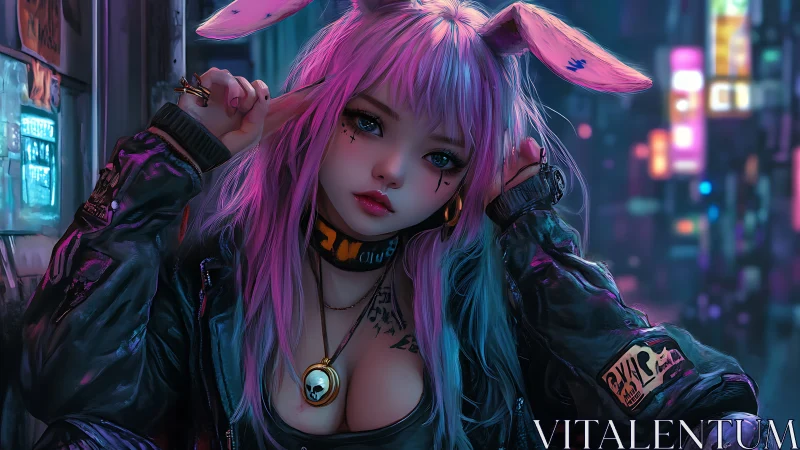 Neon bunny rebel listens to the city breathe at midnight