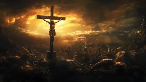 Crucifixion stands against apocalyptic sky of fire and ash