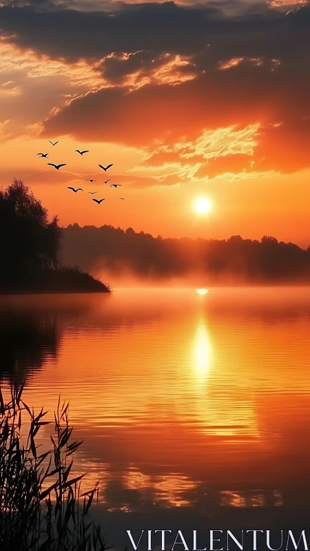 Sunset over calm lake with birds in orange misty sky.