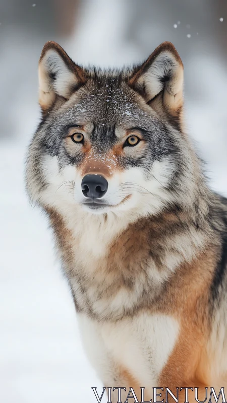 Golden-eyed wolf stands alert in a serene winter snowfall.