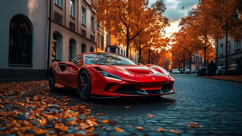 Aerodynamic red supercar on cobblestone street at dusk.