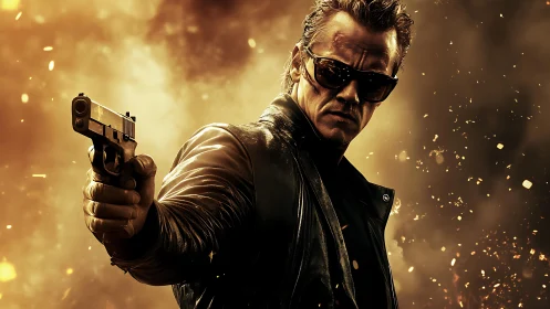 Gunmetal rebel strides through molten sparks and shadowed fire.