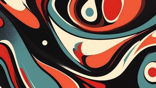 Abstract retro waves in bold teal, red, and cream motion.