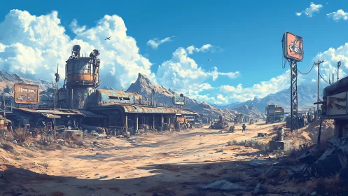 Post‑apocalyptic desert truck stop in panoramic digital painting.