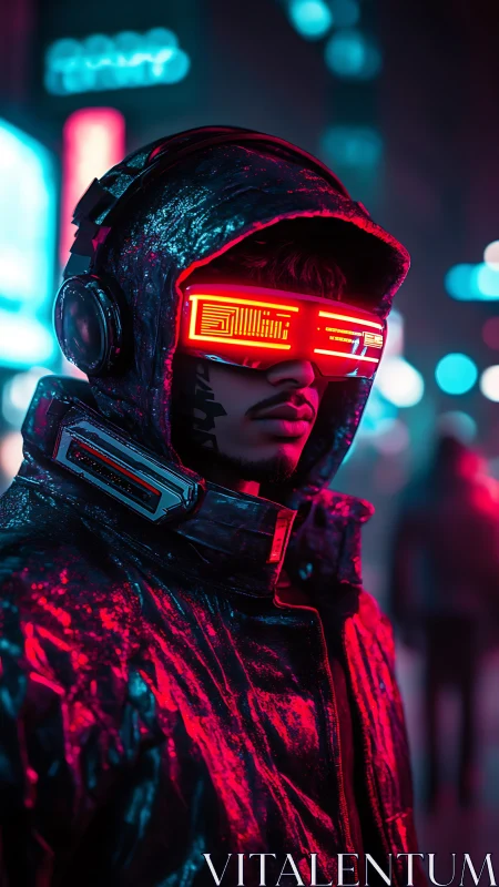 Cyberpunk street sentinel in neon visor stares into night.