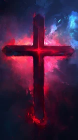 Crimson cross ignites in stormy neon clouds of faith.