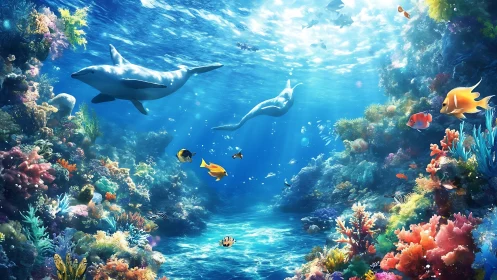 Sunlit dolphins glide through a vivid coral reef sanctuary