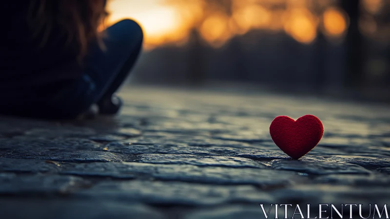 Solitary Red Heart on Rain-Washed Stone Surface.