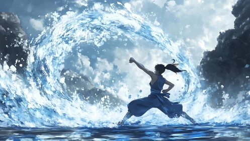 Dynamic waterbender silhouette amid vortex composition.