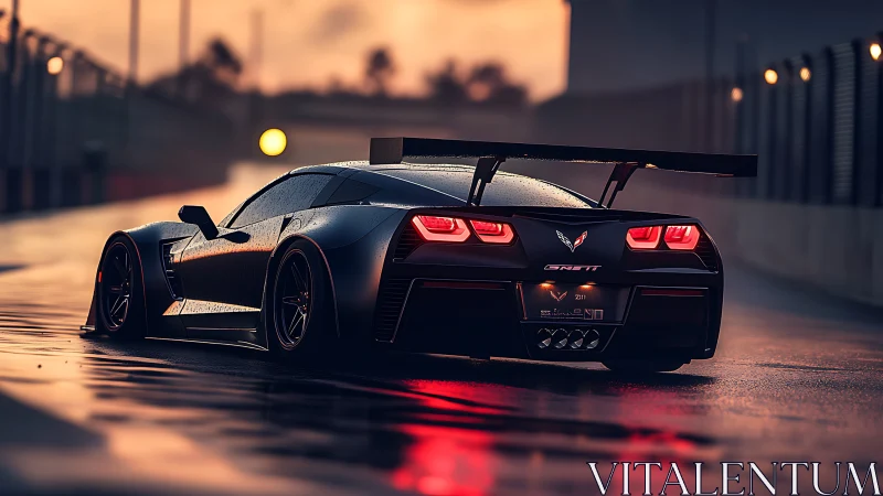 Aerodynamic track-prepped Corvette on wet dusk circuit.