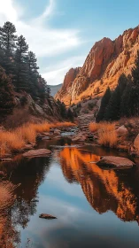 Golden canyon stream reflecting sunlit mountain cliffs.