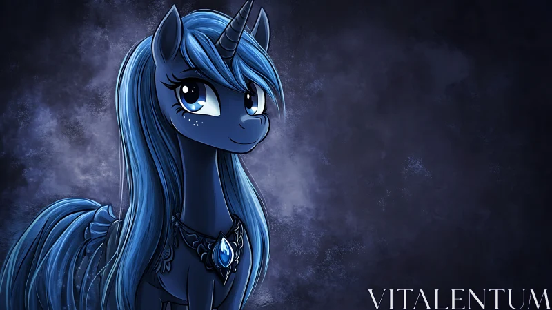 Blue unicorn pony portrait with jeweled necklace on nebula ground