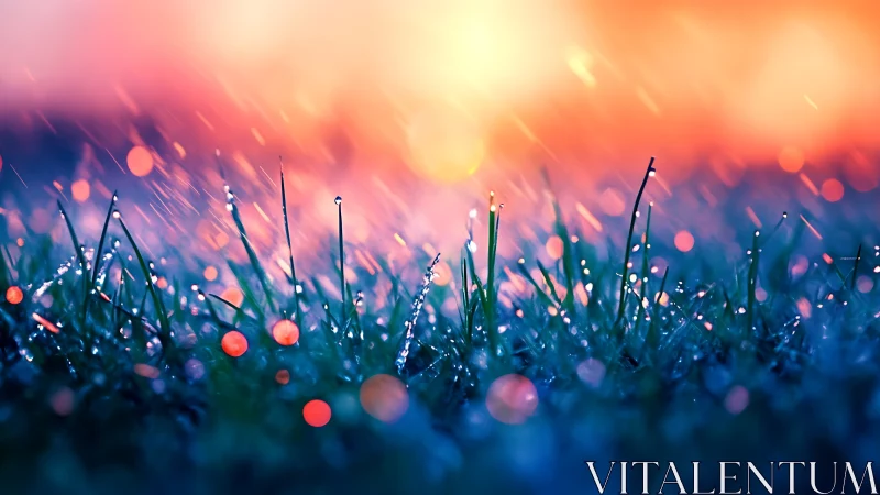 Macro rain-lit grass under glowing sunset bokeh field.