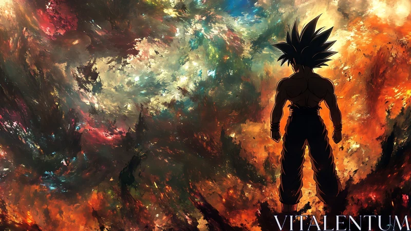 Fiery cosmic warrior stands strong within swirling light