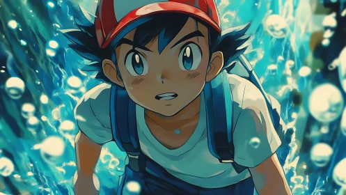 Dynamic anime boy in water vortex with high-energy motion blur