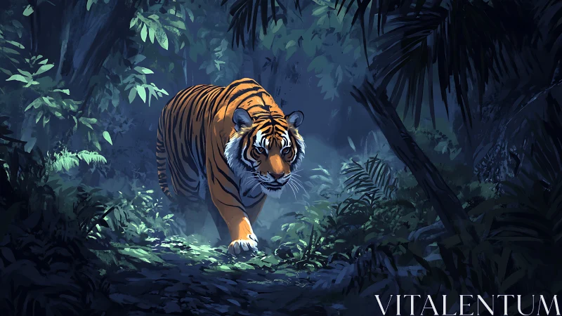 Solitary tiger advancing through dense forest understory.