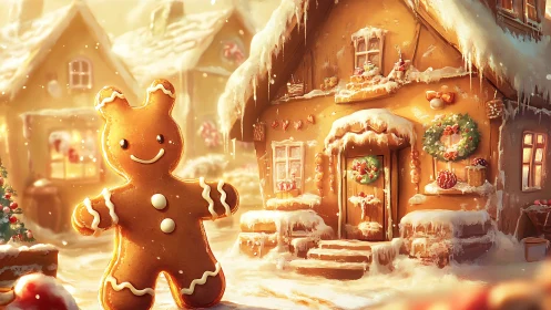 Gingerbread man smiles before glowing snowy cookie cottage.