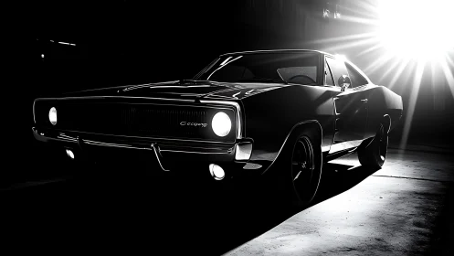 Midnight muscle car glows under dramatic spotlight in style