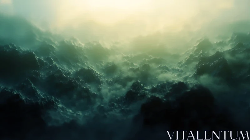 Digital seascape with mist covered waves under diffuse light.