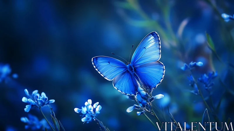 Blue butterfly rests on glowing flowers in deep bokeh field
