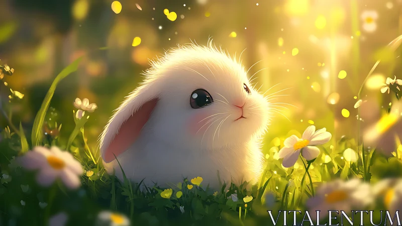 Small white rabbit sits in sunlit meadow with daisies
